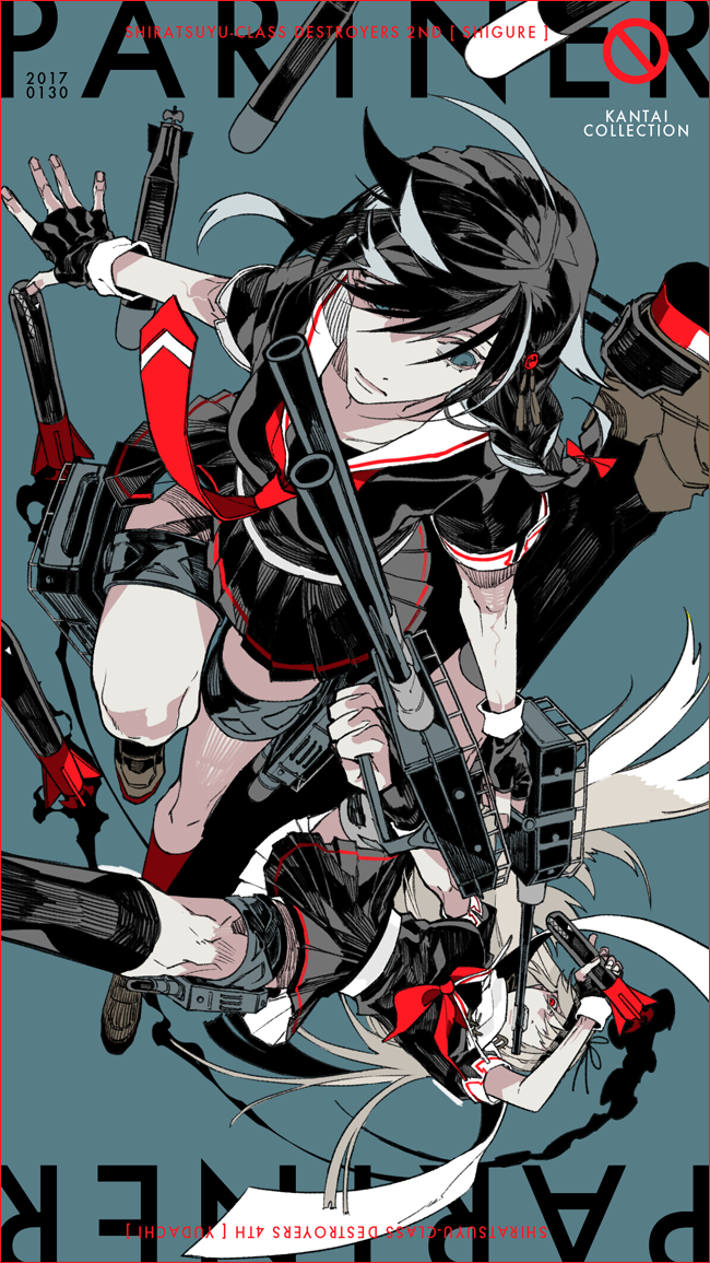 action, ahoge, battle, black_hair, black_serafuku, blonde_hair, blue_eyes, braid