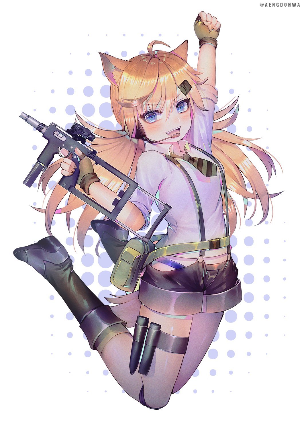 1girl, animal_ears, arm_up, bangs, black_footwear, blonde_hair, blue_eyes, blush, boots, breasts, brown_hair, bushman_idw, cat_ears, cat_tail, collared_shirt, eyebrows_visible_through_hair, fingerless_gloves, full_body, girls_frontline, gloves, gun, hair_between_eyes, hair_ornament, hairclip, hanato_(seonoaiko), hand_up, headset, highres, holding, holding_gun, holding_weapon, idw_(girls_frontline), jumping, knee_boots, long_hair, looking_at_viewer, low_twintails, medium_breasts, necktie, open_mouth, ribbon, shirt, short_shorts, shorts, smile, solo, submachine_gun, suspenders, tail, thigh_strap, twintails, twitter_username, weapon