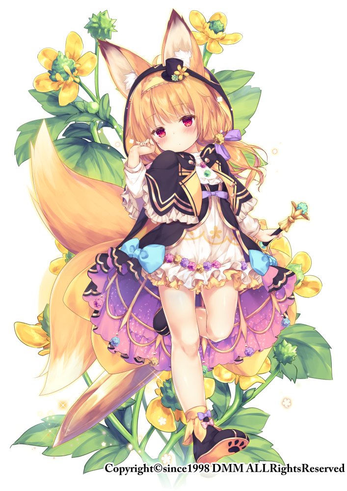 1girl, animal_ears, bare_legs, blonde_hair, capelet, character_request, dmm, dress