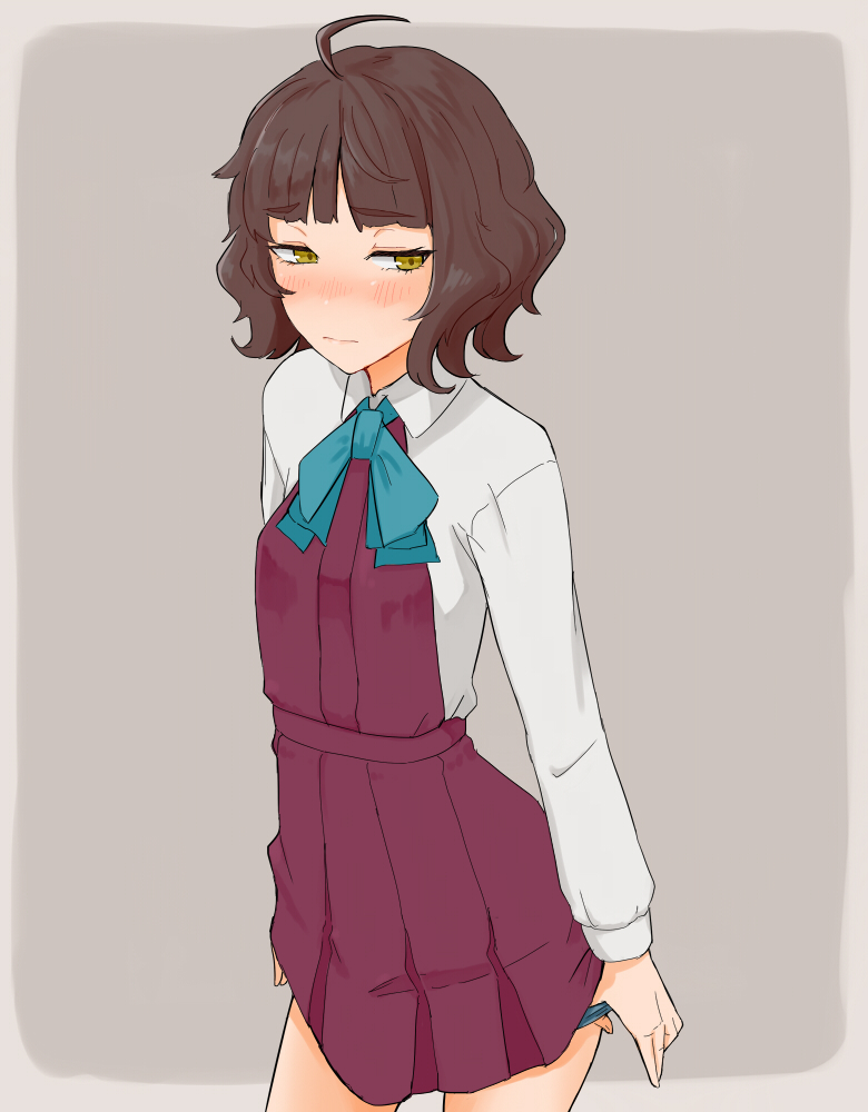 1girl, ahoge, bangs, blunt_bangs, blush, brown_hair, dress, kantai_collection