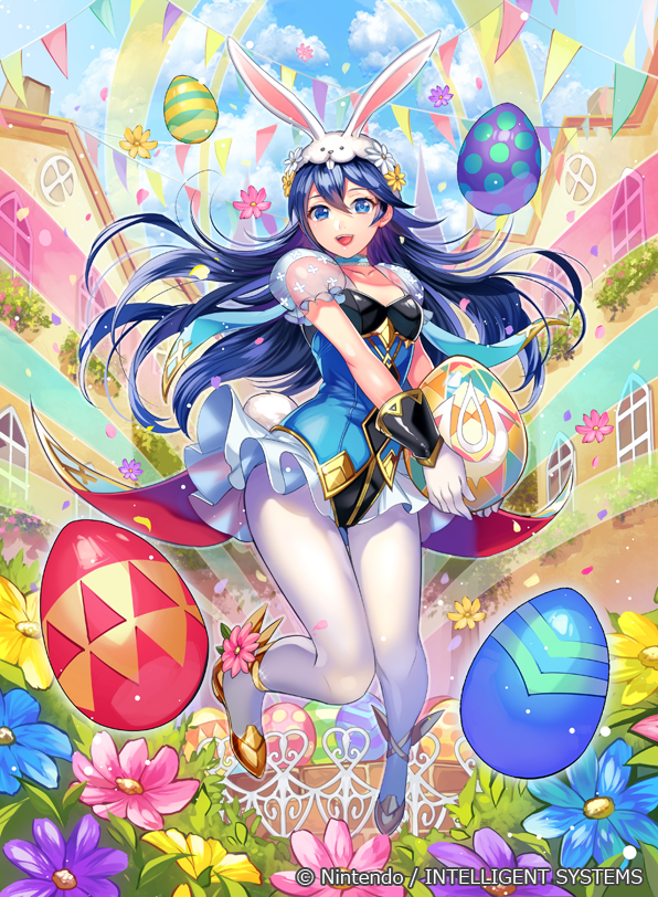 1girl, animal_ears, blue_eyes, blue_hair, blush, bunny_girl, bunny_tail, bunnysuit, detached_collar, egg, fake_animal_ears, fire_emblem, fire_emblem_awakening, fire_emblem_cipher, fire_emblem_heroes, gloves, leotard, long_hair, looking_at_viewer, lucina_(fire_emblem), lucina_(spring_exalt)_(fire_emblem), matsurika_youko, nintendo, official_art, open_mouth, rabbit_ears, smile, solo, strapless, strapless_leotard, tail, wrist_cuffs