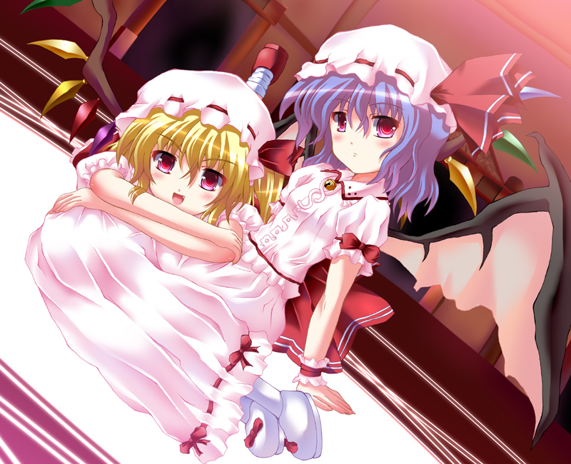 bat_wings, blonde_hair, blue_hair, flandre_scarlet, futaba_shion, futaba_utane, multiple_girls, red_eyes