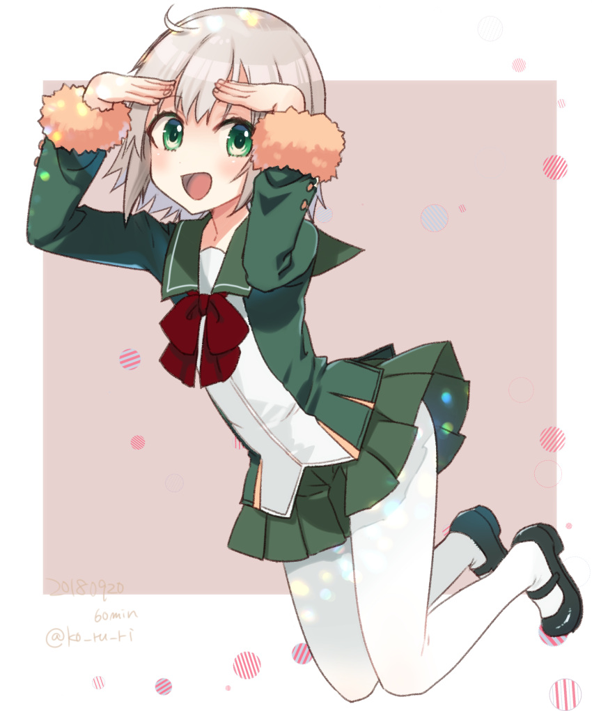 1girl, black_footwear, blonde_hair, collarbone, dated, eyebrows_visible_through_hair, full_body, fur-trimmed_sleeves, fur_trim, green_eyes, green_jacket, green_sailor_collar, green_skirt, hair_between_eyes, highres, jacket, kantai_collection, koruri, long_sleeves, looking_at_viewer, mary_janes, messy_hair, neck_ribbon, open_mouth, pantyhose, pink_background, pleated_skirt, red_neckwear, red_ribbon, ribbon, sailor_collar, school_uniform, serafuku, shading_eyes, shimushu_(kantai_collection), shimushu_pose, shirt, shoes, short_hair, silver_hair, skirt, solo, twitter_username, two-tone_background, white_background, white_legwear, white_shirt