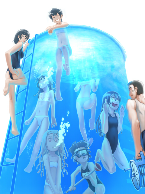barefoot, bikini, black_hair, blonde_hair, blush, breath_hold, bubble, bubbles