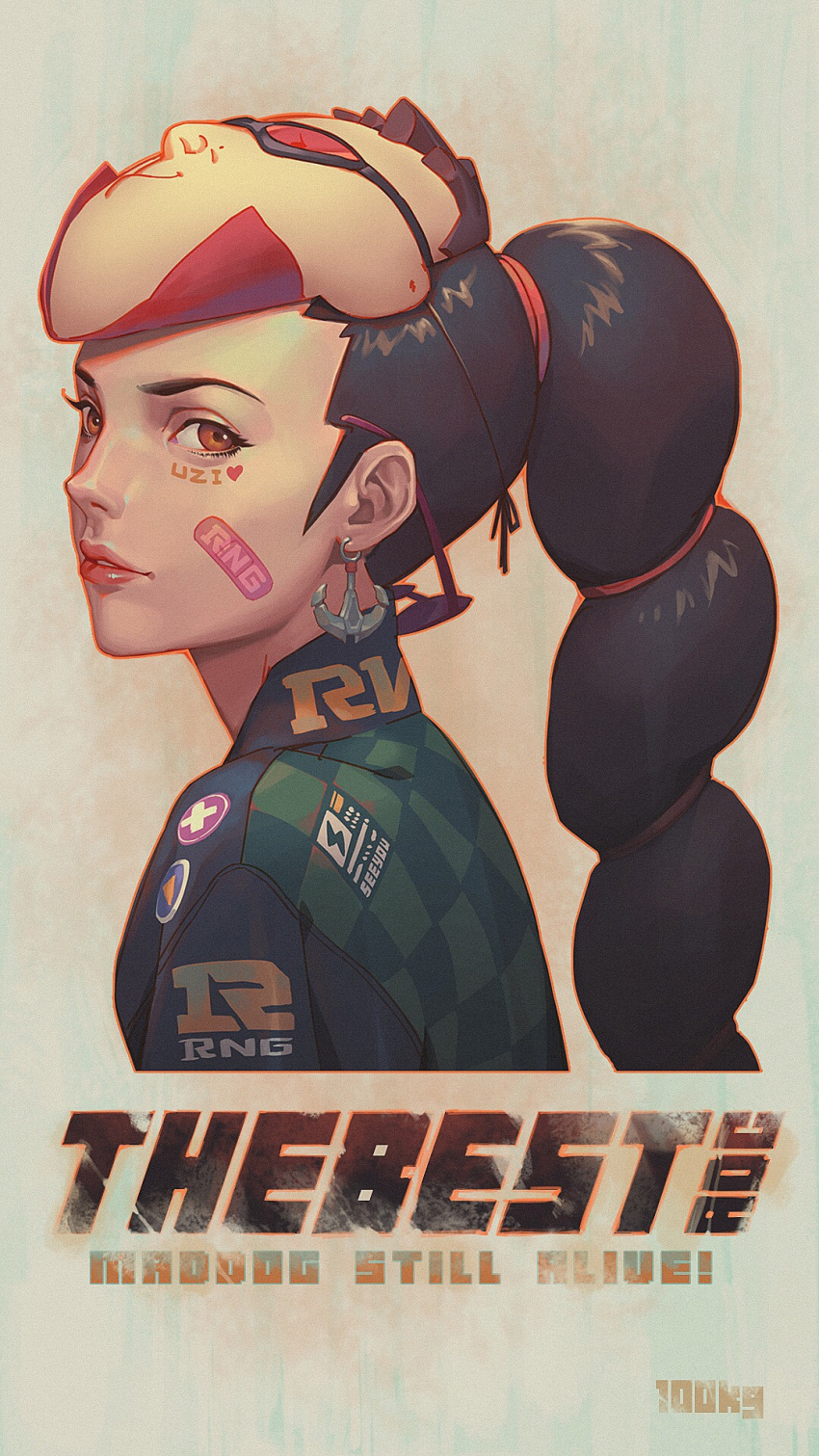 1girl, artist_name, black_hair, braided_ponytail, earrings, english, facial_tattoo, highres