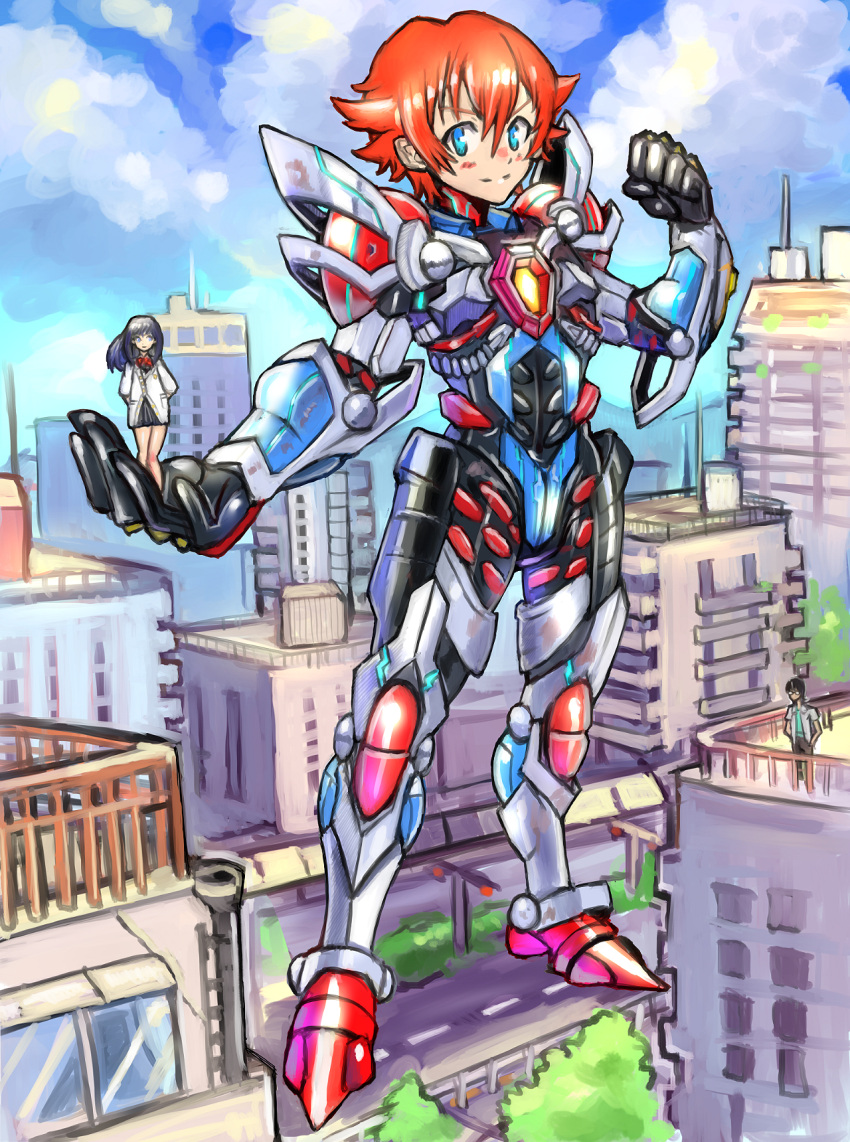 1girl, 2boys, blue_eyes, building, clenched_hand, clouds, cosplay, giant