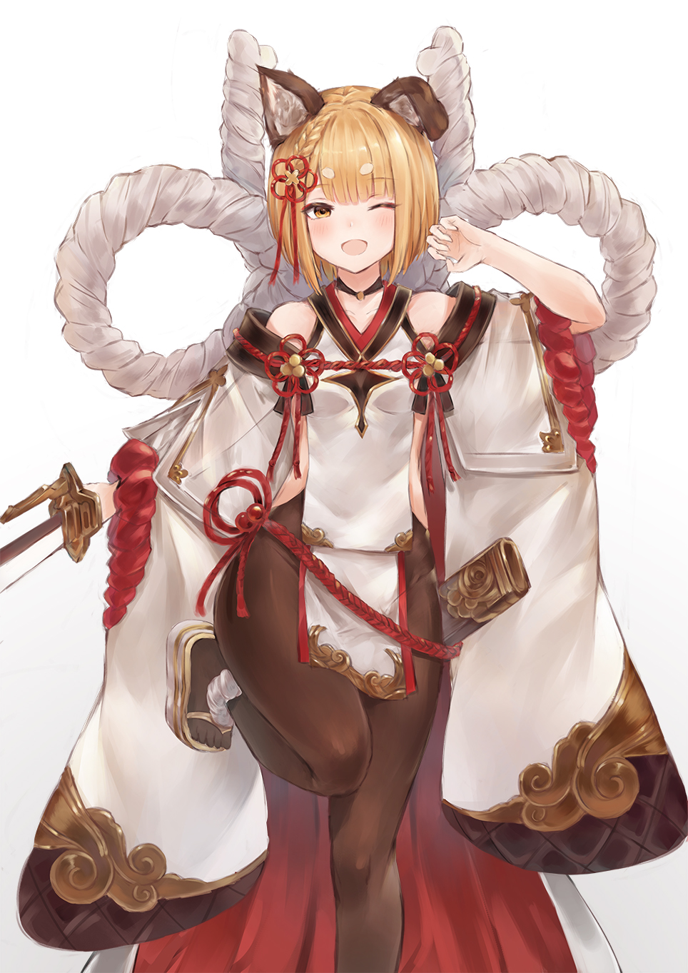 1girl, ;d, animal_ear_fluff, animal_ears, arm_up, bangs, bare_shoulders, black_choker, black_legwear, blonde_hair, blunt_bangs, blush, braid, breasts, choker, claw_pose, commentary_request, detached_sleeves, dog_ears, dog_girl, extra_eyebrows, eyebrows_visible_through_hair, fuwawa_(fuwawa617), geta, granblue_fantasy, hair_ribbon, highres, holding, holding_sword, holding_weapon, long_sleeves, looking_at_viewer, one_eye_closed, open_mouth, pantyhose, platform_footwear, red_ribbon, ribbon, rope, sheath, shimenawa, side_braid, simple_background, small_breasts, smile, standing, standing_on_one_leg, sword, tabard, thick_eyebrows, vajra_(granblue_fantasy), weapon, white_background, wide_sleeves, yellow_eyes