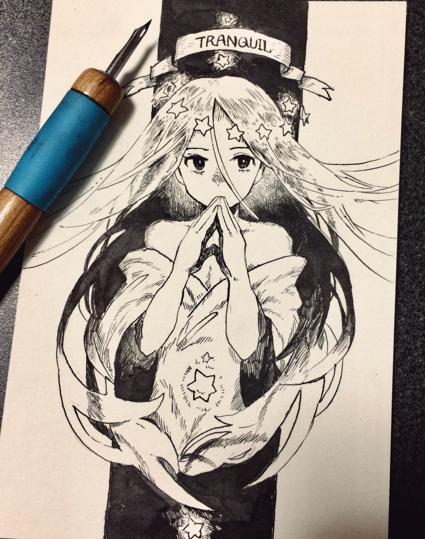 1girl, bare_shoulders, black_eyes, fingers_together, greyscale, hands_together, hatching_(texture), highres
