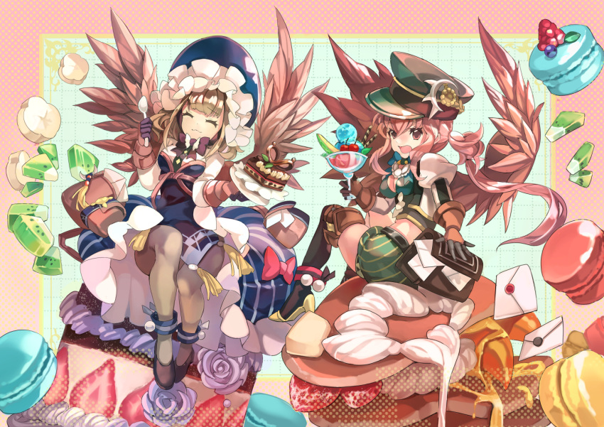 2girls, bangs, blonde_hair, bow, breasts, brown_eyes, cake, closed_eyes
