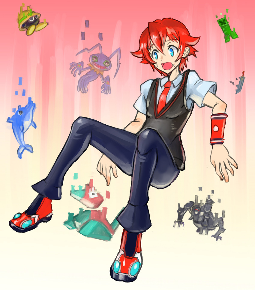 1boy, blue_eyes, creatures_(company), creeper, digimon, dolphin, falling, final_fantasy, game_freak, gen_1_pokemon, gradient, gradient_background, hibiki_yuuta, highres, keramon, male_focus, metool, minecraft, necktie, nintendo, omega_(final_fantasy), oomasa_teikoku, open_mouth, pokemon, porygon, red_neckwear, redhead, rockman, school_uniform, solo, ssss.gridman, sweatdrop, sweater_vest