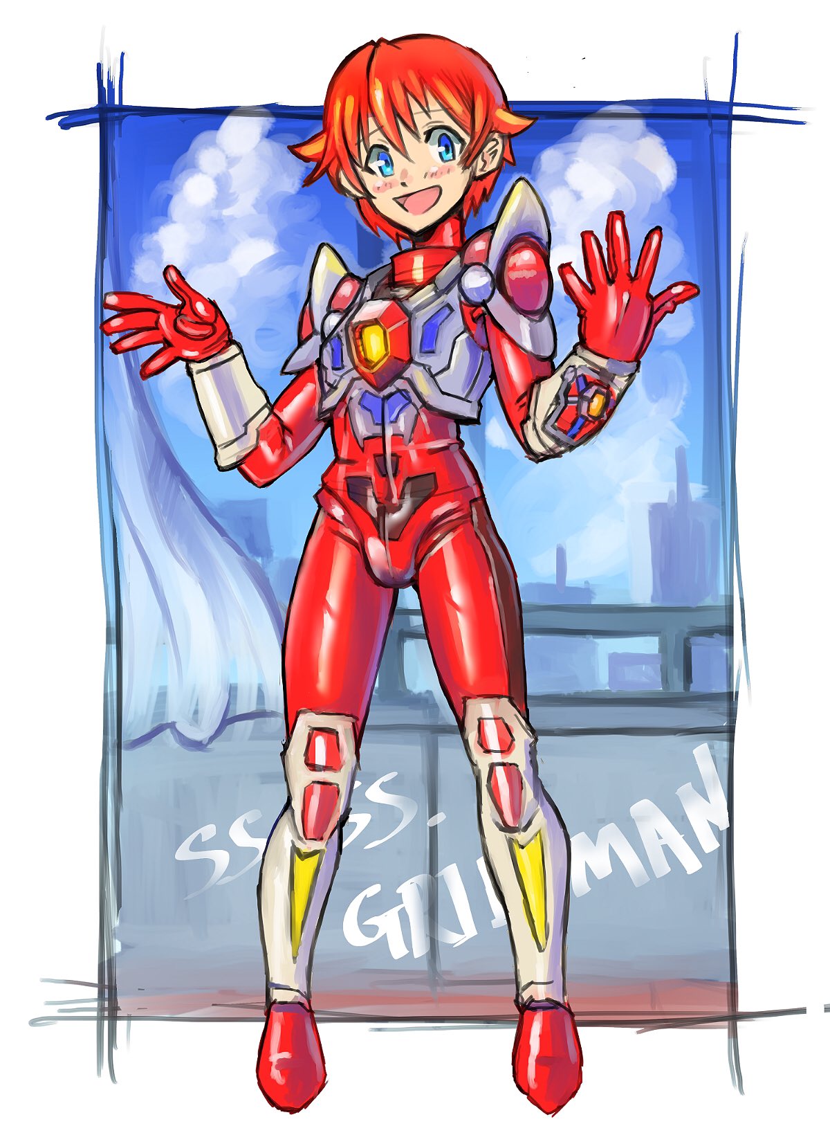 1boy, blue_sky, bodysuit, breastplate, clouds, copyright_name, cosplay, curtains