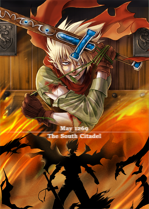 1boy, blonde_hair, brown_gloves, commentary_request, fire, gloves, johan, male_focus