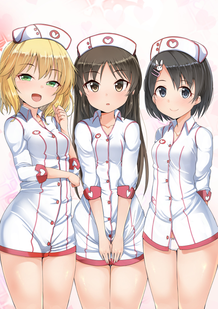 3girls, :d, :o, alternate_costume, arms_behind_back, asymmetrical_bangs, bangs, black_hair, blonde_hair, blue_eyes, breasts, brown_eyes, brown_hair, bunny_hair_ornament, closed_mouth, collared_shirt, covering, covering_crotch, cowboy_shot, elbow_sleeve, eyebrows_visible_through_hair, gaichi, green_eyes, hair_ornament, hairclip, hand_up, hat, heart, heart_print, idolmaster, idolmaster_cinderella_girls, long_hair, looking_at_viewer, medium_breasts, multiple_girls, no_pants, nurse, nurse_cap, open_mouth, panties, parted_bangs, pink_background, sakurai_momoka, sasaki_chie, shirt, small_breasts, smile, straight_hair, tachibana_arisu, thighs, undersized_clothes, underwear, white_panties, white_shirt