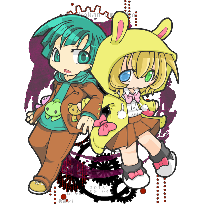 1boy, 1girl, chibi, dangan_ronpa, dangan_ronpa_3, kibougamine_gakuen_school_uniform, someya_ryouta, transparent_background