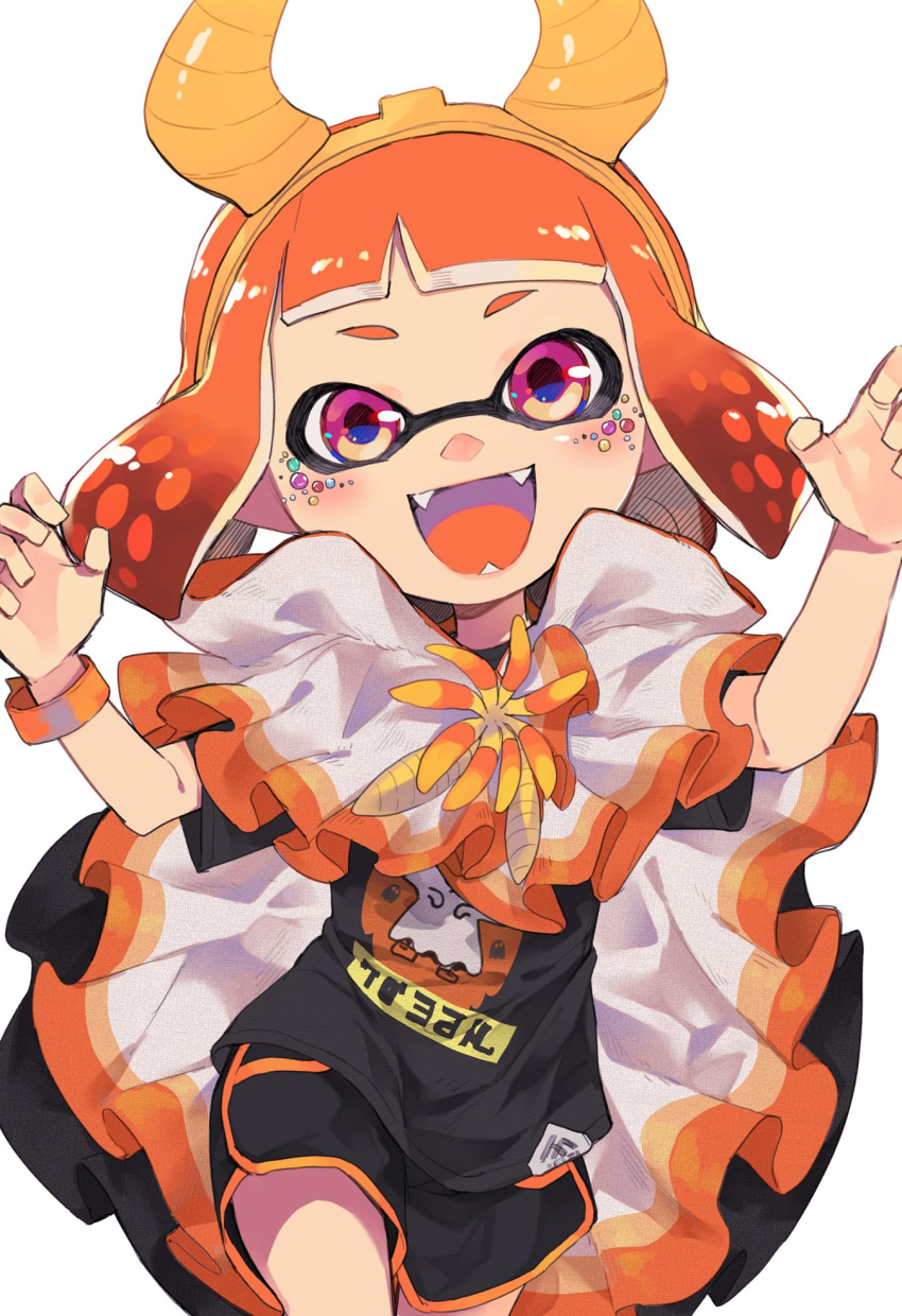 1girl, arms_up, bangs, bike_shorts, black_shirt, black_shorts, blush, claw_pose, costume, domino_mask, facing_viewer, fangs, halloween, hands, highres, horns, inkling, kinagi_(3307377), looking_at_viewer, mask, nintendo, open_mouth, orange_eyes, orange_hair, shirt, shorts, simple_background, smile, solo, splatoon, tentacle_hair, white_background, wristband