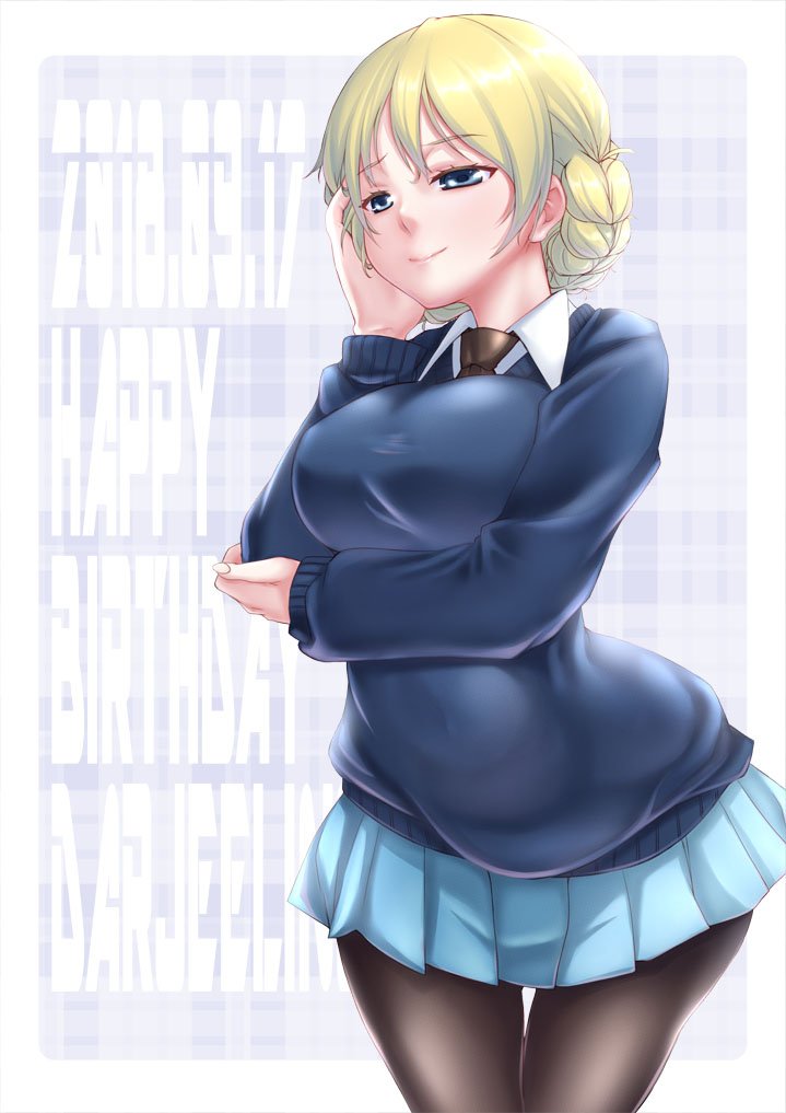 1girl, arm_grab, bangs, black_legwear, black_neckwear, blonde_hair, blue_eyes, blue_skirt