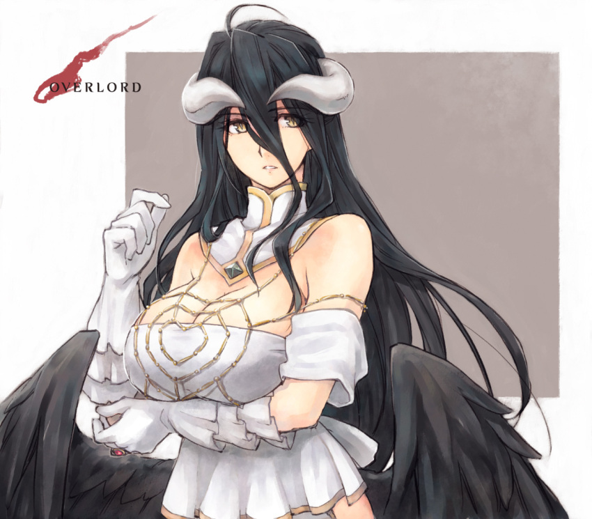 ahoge, albedo, bare_shoulders, black_feathers, black_wings, breasts, cleavage, demon_girl
