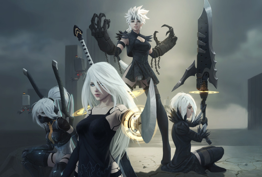 4girls, aiming_at_viewer, android, black_dress, blue_eyes, braid, breasts, chains
