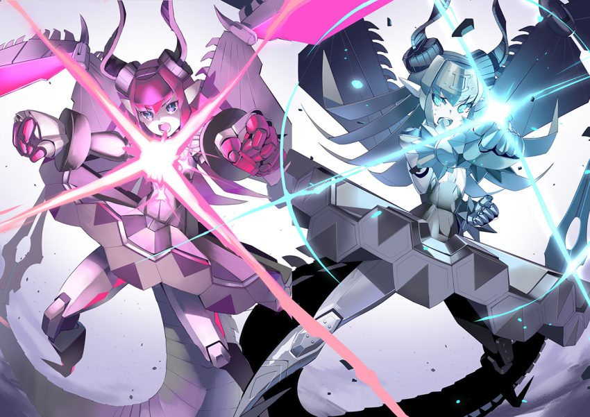2girls, bangs, blue_eyes, clenched_hands, curled_horns, dragon_girl, dragon_horns, dragon_tail