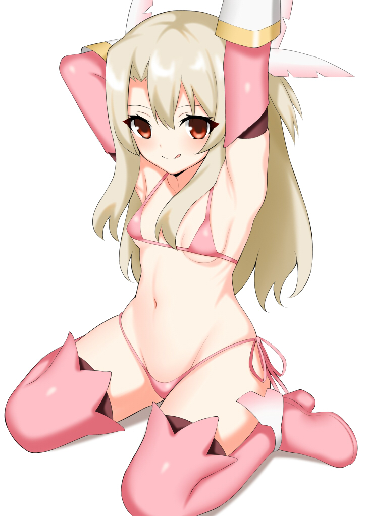 1girl, :q, armpits, arms_up, bangs, bare_shoulders, bikini, blush