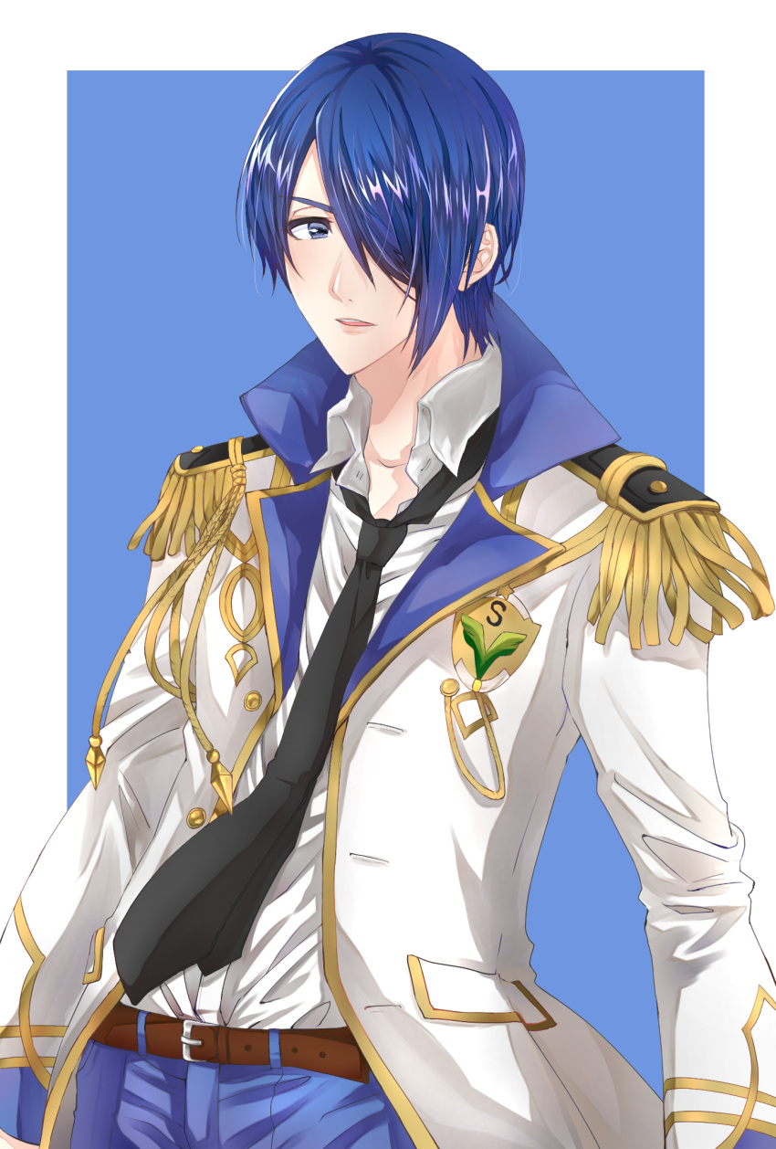 1boy, ayakura_azuma, belt, black_neckwear, blue_background, blue_eyes, blue_hair, collar_up