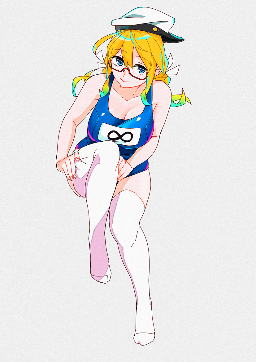 1girl, adjusting_clothes, adjusting_legwear, ahoge, aqua_hair, bangs, blonde_hair, blue_eyes, blue_swimsuit, breasts, cleavage, closed_mouth, collarbone, commentary_request, dressing, eyebrows_visible_through_hair, full_body, glasses, gradient_hair, green_hair, grey_background, hair_between_eyes, hair_ribbon, hat, i-8_(kantai_collection), infinity, invisible_chair, kantai_collection, large_breasts, leaning_forward, looking_at_viewer, low_twintails, military_hat, multicolored_hair, name_tag, no_shoes, nose_pads, ojipon, one-piece_swimsuit, parted_bangs, peaked_cap, rectangular_eyewear, red-framed_eyewear, ribbon, school_swimsuit, semi-rimless_eyewear, sidelocks, sideways_hat, simple_background, sitting, solo, swimsuit, thigh-highs, twintails, under-rim_eyewear, white_hat, white_legwear, white_ribbon