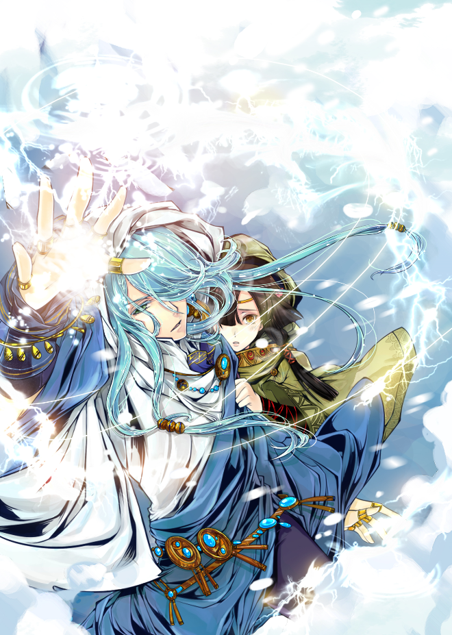 1boy, arm_up, blue_eyes, blue_hair, brown_eyes, brown_hair, circlet, cover