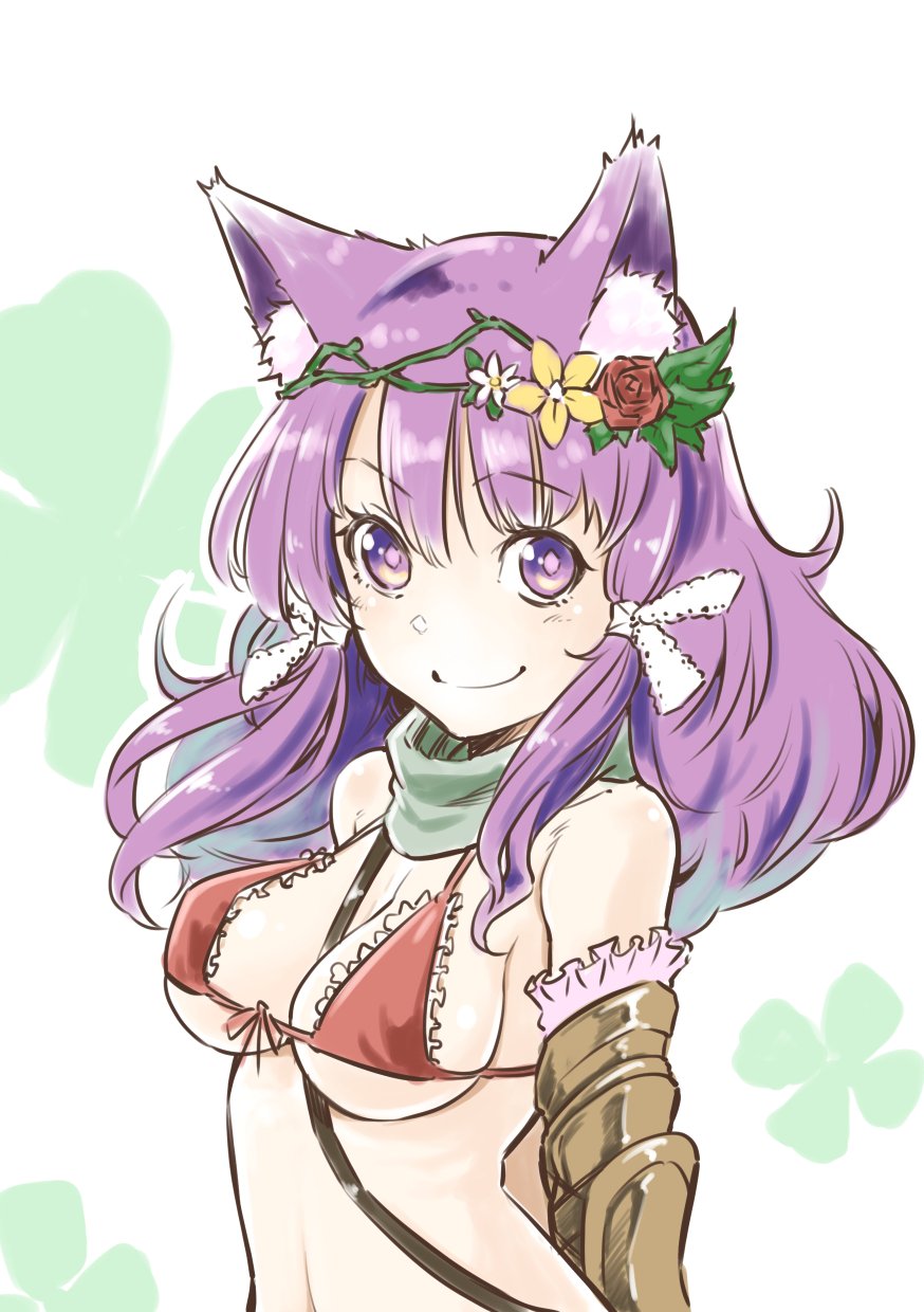 1girl, animal_ear_fluff, animal_ears, artist_request, bashira_(sennen_sensou_aigis), bikini_top, breasts, cat_ears