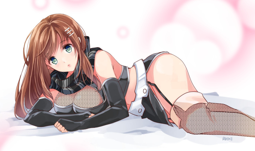 1girl, alternate_costume, ass, bare_shoulders, breasts, brown_hair, cleavage, commentary_request