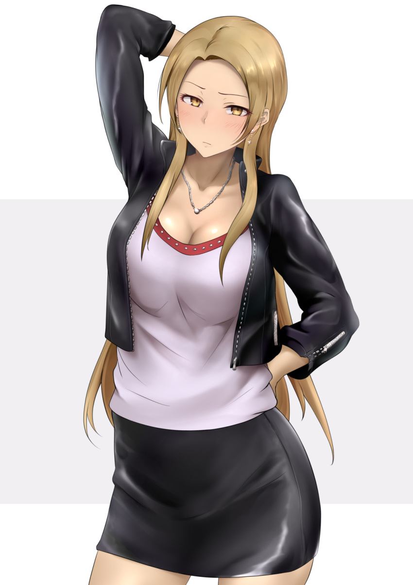 1girl, arm_behind_head, arm_up, bangs, black_jacket, black_skirt, blush, breasts