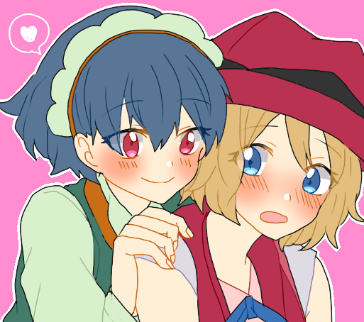 2girls, blonde_hair, blue_eyes, blue_hair, blush, commentary_request, creatures_(company), game_freak, hair_between_eyes, hand_on_another's_shoulder, hat, heart, looking_at_another, mashiba_(masiba88), millefeui_(pokemon), multiple_girls, nintendo, open_mouth, pink_background, pokemon, pokemon_(anime), pokemon_(game), pokemon_xy, red_eyes, red_hat, serena_(pokemon), short_hair, smile, spoken_heart, yuri