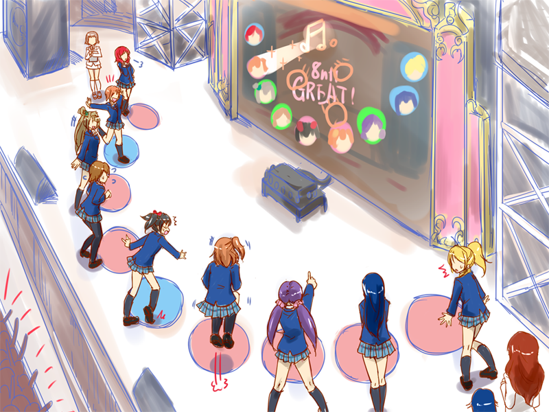 6+girls, a-rise, ayase_eli, commentary, commentary_request, crowd, hoshizora_rin, jumping