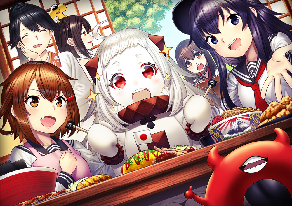 6+girls, :d, ^_^, ^o^, akagi_(kantai_collection), akatsuki_(kantai_collection), black_hair, black_hat