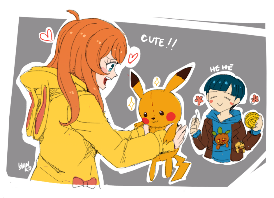 1boy, 1girl, animal_hood, blanko!, blue_eyes, blue_hair, blue_hoodie, bunny_hood
