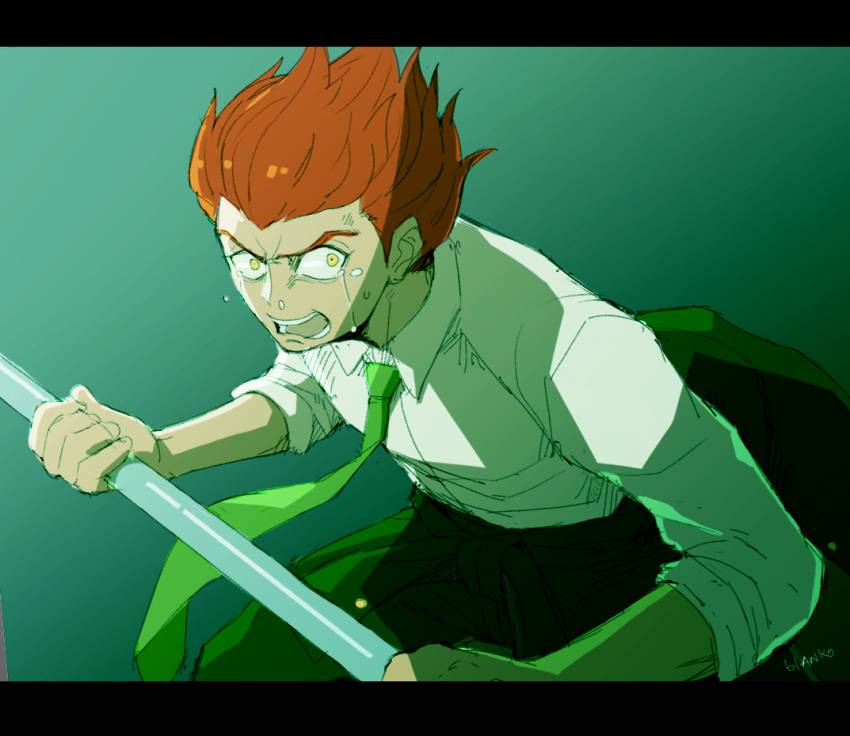 1boy, angry, blanko!, clothes_around_waist, crying, dangan_ronpa, dangan_ronpa_3, green_neckwear