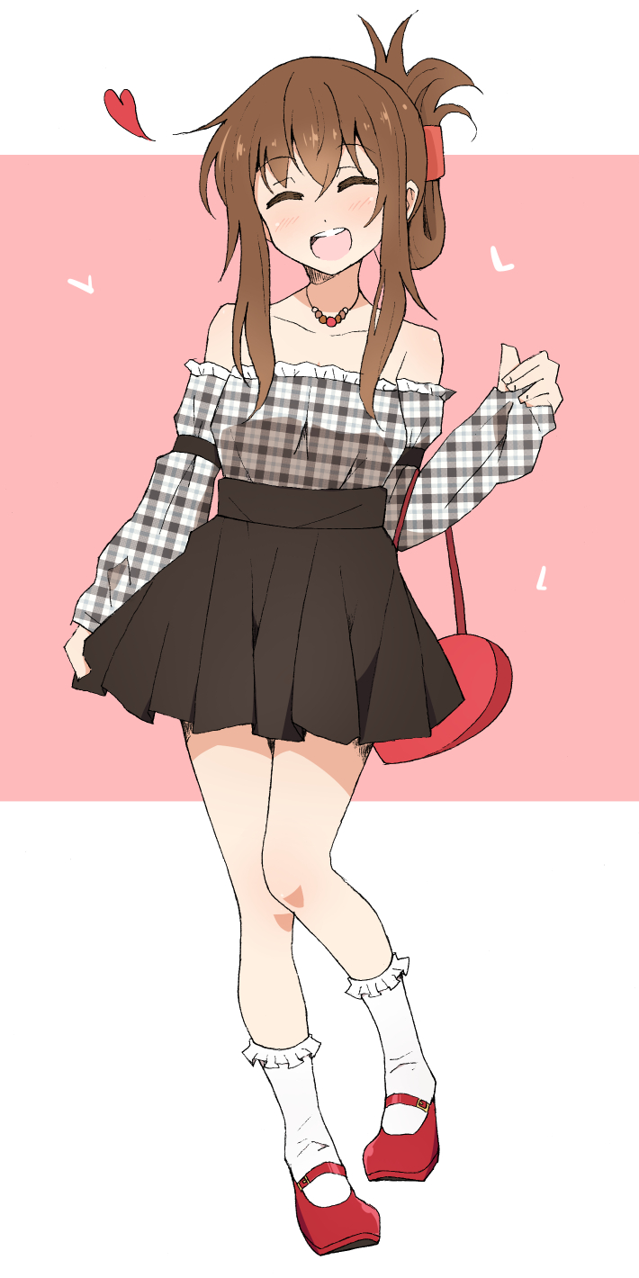 1girl, ^_^, ^o^, alternate_costume, bag, bangs, bare_shoulders, black_skirt