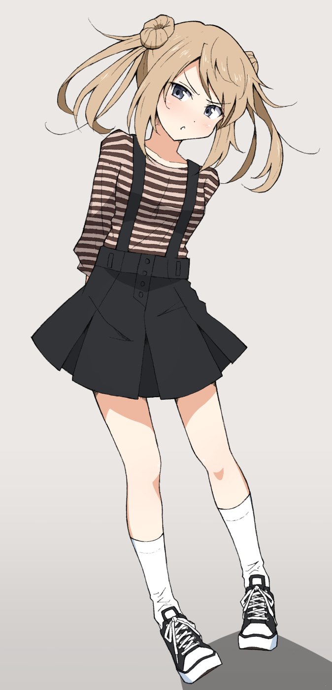 1girl, alternate_costume, arms_behind_back, black_footwear, black_skirt, double_bun, full_body, grey_background, hair_bun, highres, kantai_collection, kneehighs, light_brown_hair, looking_at_viewer, michishio_(kantai_collection), nel-c, pleated_skirt, shirt, shoes, short_twintails, simple_background, skirt, sneakers, socks, solo, striped, striped_shirt, suspender_skirt, suspenders, twintails, white_legwear, yellow_eyes