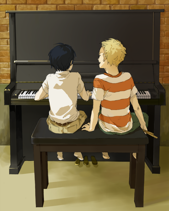 2boys, belt, black_hair, blonde_hair, child, facing_away, indoors, instrument
