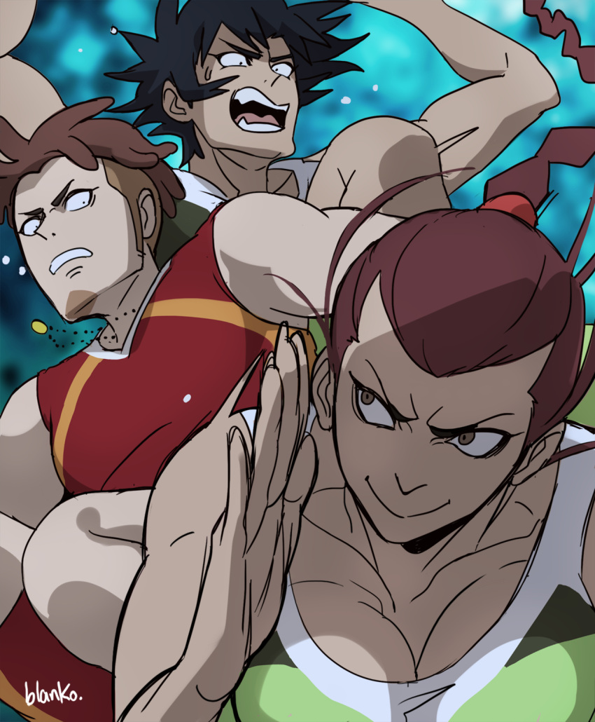 1girl, 2boys, artist_name, black_hair, blanko!, braid, breasts, brown_hair