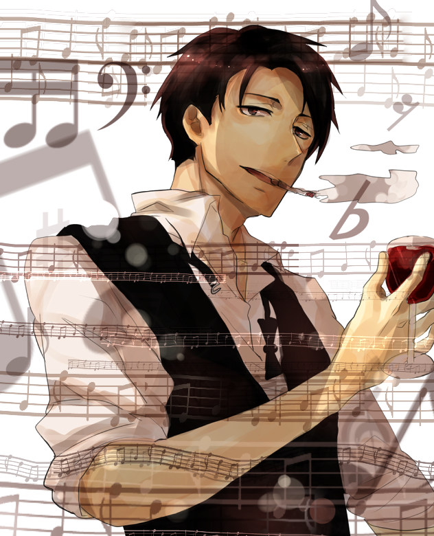 1boy, alcohol, bass_clef, beamed_eighth_notes, beamed_sixteenth_notes, black_neckwear, bowtie_removed, brown_hair