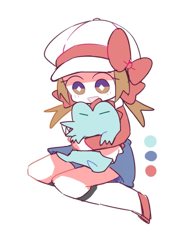 bow, brown_eyes, brown_hair, creatures_(company), game_freak, gen_2_pokemon, happy, kotone_(pokemon), mog_24_mog, nintendo, open_mouth, overalls, pokemon, pokemon_(creature), pokemon_(game), pokemon_gsc, pokemon_hgss, red_shirt, shirt, totodile, twintails