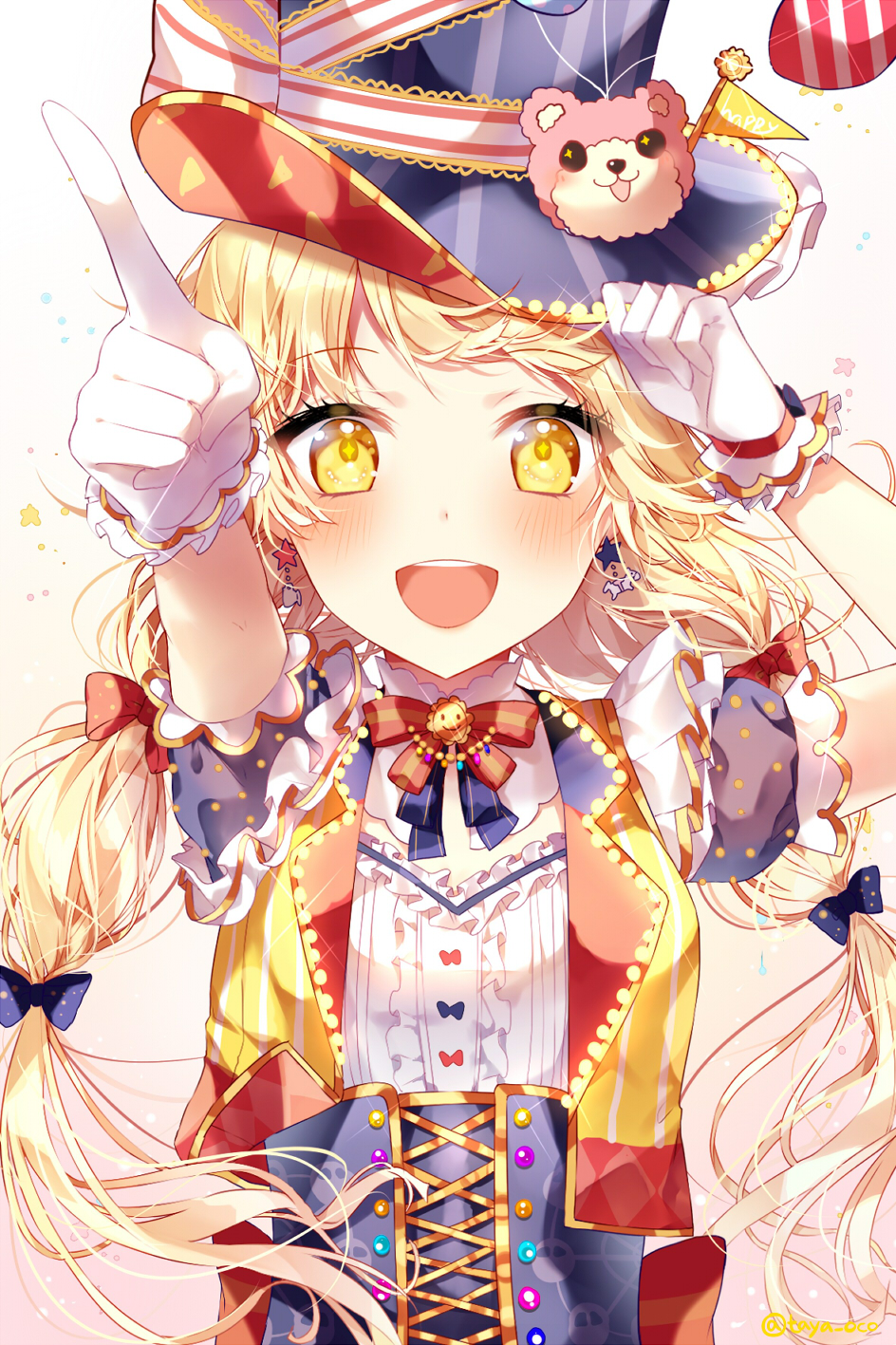 1girl, :d, adjusting_clothes, adjusting_hat, alternate_hairstyle, bang_dream!, bangs, blonde_hair