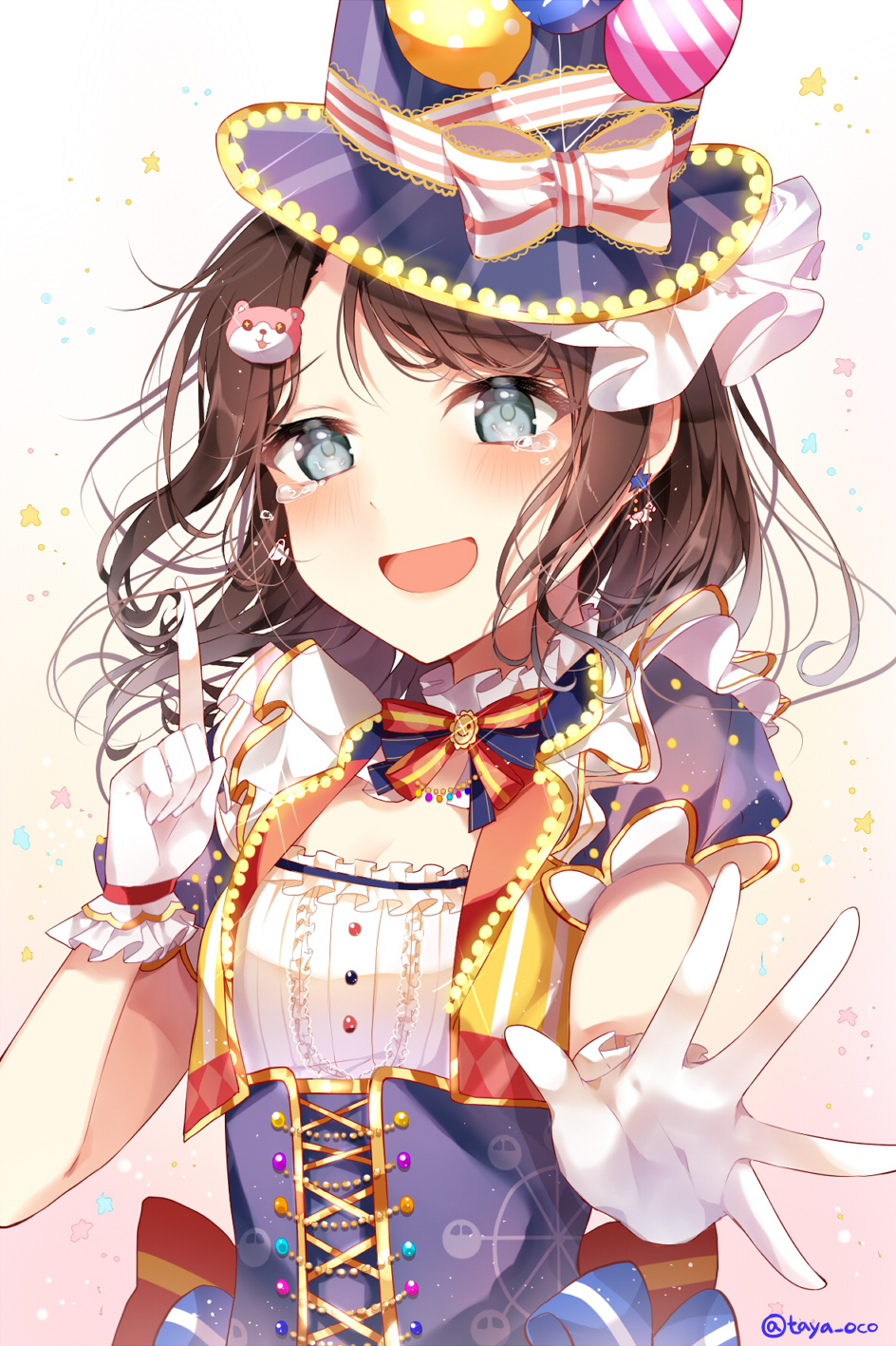 :d, back_bow, balloon, bang_dream!, bangs, bear_hair_ornament, black_hair, blue_eyes, blue_neckwear, blush, bow, center_frills, character_hair_ornament, corset, cropped_vest, crying, detached_collar, earrings, eyebrows_visible_through_hair, frilled_gloves, frills, gloves, hair_ornament, hat, hat_ribbon, highres, index_finger_raised, jewelry, looking_at_viewer, medium_hair, michelle_(bang_dream!), multicolored, multicolored_clothes, neck_ribbon, okusawa_misaki, open_mouth, outstretched_hand, red_neckwear, ribbon, smile, star, star_earrings, striped, striped_neckwear, striped_ribbon, taya_5323203, teacup_earrings, top_hat, twitter_username, upper_body, white_gloves