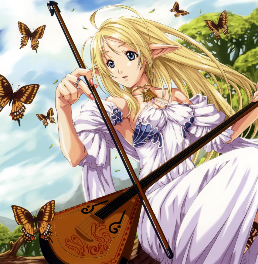 ahoge, armpits, balalaika_(instrument), blonde_hair, blue_eyes, bow_(instrument), butterflies, butterfly, dress, eiwa, elf, highres, instrument, instruments, jewelry, long_hair, nature, necklace, pointy_ears, ring