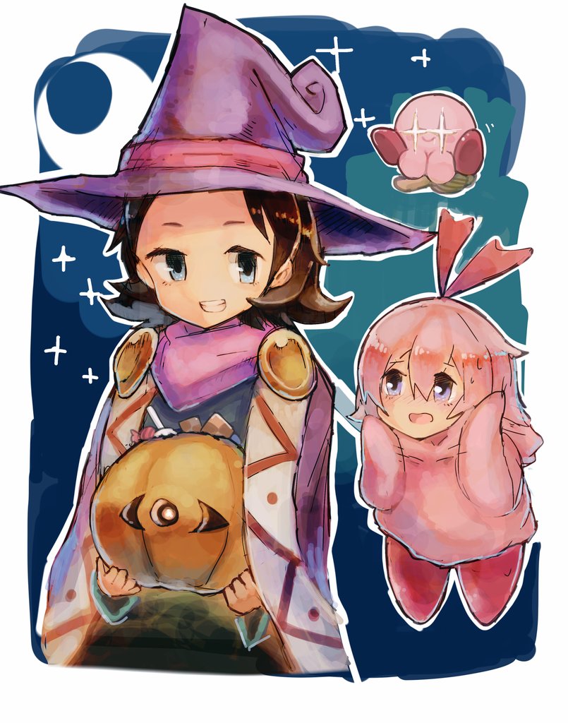 2girls, adeleine, black_hair, blue_eyes, blush, broom, candy, commentary_request, cosplay, crescent_moon, drawcia, drawcia_(cosplay), eyebrows_visible_through_hair, food, forehead, grin, hair_ribbon, halloween, halloween_costume, hat, hoshi_no_kirby, hoshi_no_kirby_64, jack-o'-lantern, kirby, kirby_(cosplay), kirby_(series), kirby_64, kirby_canvas_curse, moon, multiple_girls, night, night_sky, nintendo, pink_hair, pumpkin, red_ribbon, ribbon, ribbon_(kirby), shiburingaru, short_hair, sketch, sky, smile, star, sweatdrop, teeth, touch_kirby, trick_or_treat, witch_hat, zero_(kirby)
