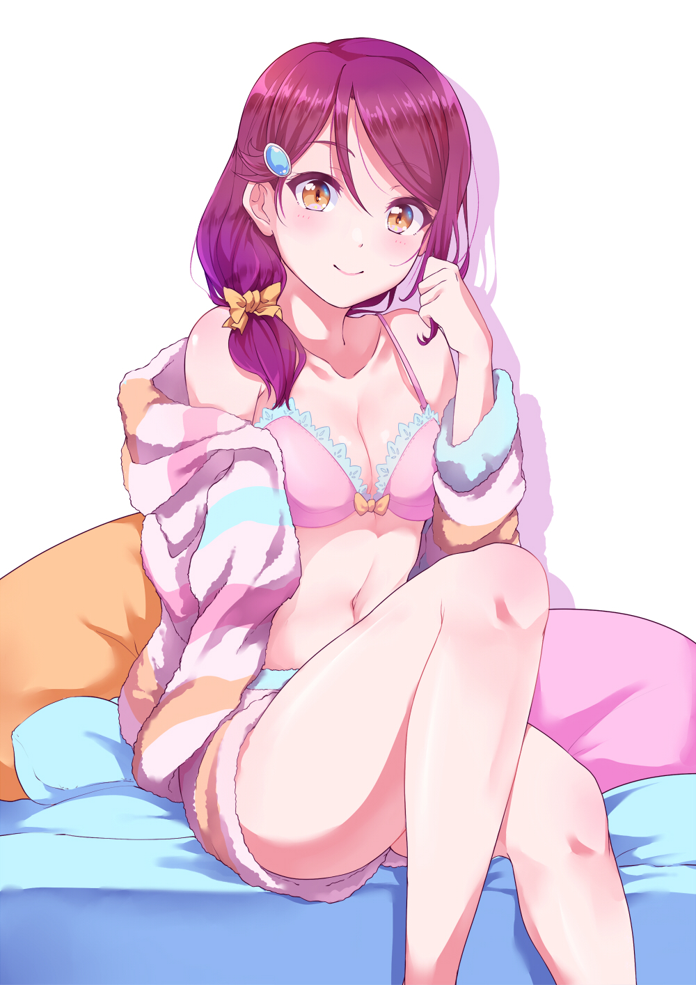 1girl, bangs, blush, bra, breasts, brown_eyes, cleavage, eyebrows_visible_through_hair