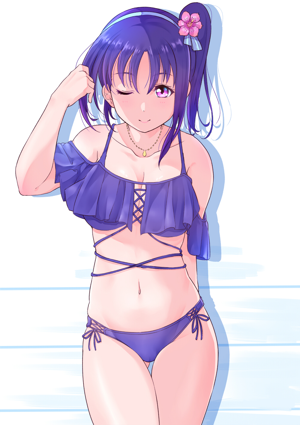 1girl, adjusting_hair, bikini, breasts, cleavage, collarbone, cowboy_shot, cross-laced_clothes