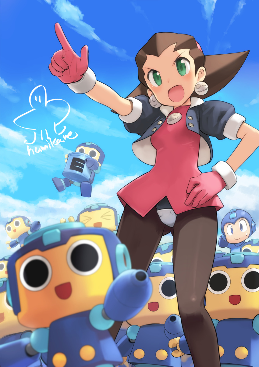 1girl, :d, blue_sky, blush, brown_hair, capcom, clouds, cosplay, cropped_jacket, crotch_plate, energy_tank, gloves, green_eyes, hair_pulled_back, hair_slicked_back, hairband, hand_on_hip, highres, jewelry, kobun, mega_man_(character), mega_man_(classic), mega_man_(series), open_mouth, pantyhose, phone_wallpaper, pink_gloves, pink_hairband, pointing, pointing_forward, puffy_short_sleeves, puffy_sleeves, robot, rockman, rockman_(character), rockman_(character)_(cosplay), rockman_dash, shimada_fumikane, short_sleeves, signature, sky, smile, source_request, standing, tron_bonne, tron_ni_kobun