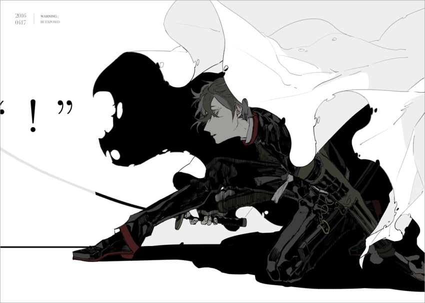 !, abstract, armor, black_gloves, fighting_stance, fingerless_gloves, gloves, green_eyes, green_hair, hair_over_one_eye, holding, holding_sword, holding_weapon, japanese_armor, katana, kote, leaning_forward, male_focus, mzet, one_knee, sword, touken_ranbu, uguisumaru, weapon