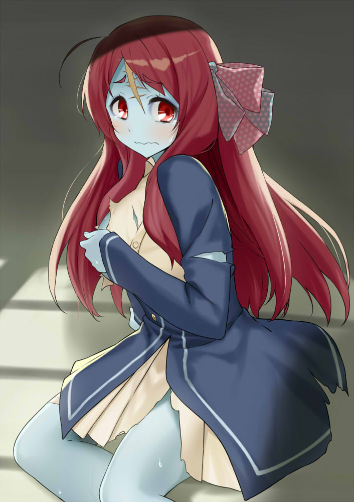 1girl, ahoge, bandage, bandaged_leg, bandages, blue_skin, blush, bow